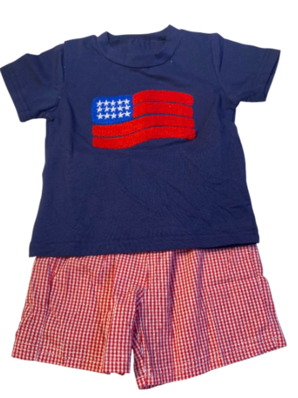 Navy Tee  Red Flag Chenille  Graphic and Red Gingham Shorts Set NEW Sz 6-12 mths